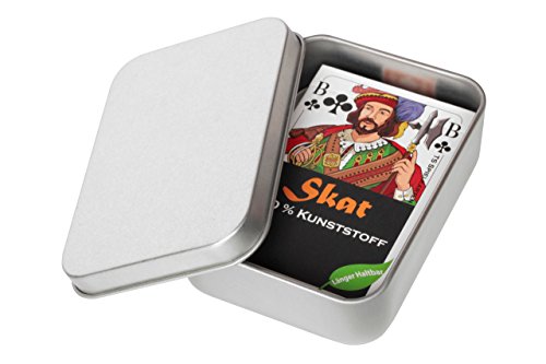 TS Spielkarten Skat - Juego de cartas de plástico 100% (plástico) con imagen francesa, resistente al agua y lavable, incluye caja de metal (1 caja de metal y tarjetas en caja plegable)