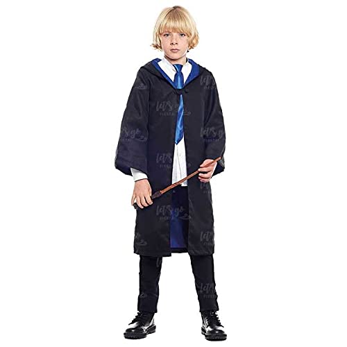 Túnica Mago Azul con Capucha Niño Niña Unisex Disfraz Hechicero Bruja Aprendiz Colegial【Tallas Infantiles 3 a 12 años】[Talla 10-12 años] Disfraz Uniforme Cosplay Carnaval Halloween