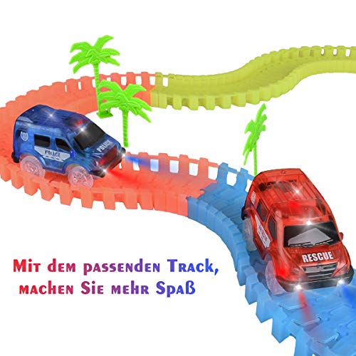 Tyhbelle Juego de 2 juguetes mágicos para niños, luces de coche de juguete, 5 luces intermitentes LED, coche de rescate rojo, coche de policía azul, compatible con la mayoría de pistas de carreras.