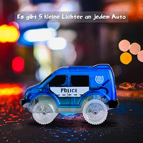 Tyhbelle Juego de 2 juguetes mágicos para niños, luces de coche de juguete, 5 luces intermitentes LED, coche de rescate rojo, coche de policía azul, compatible con la mayoría de pistas de carreras.