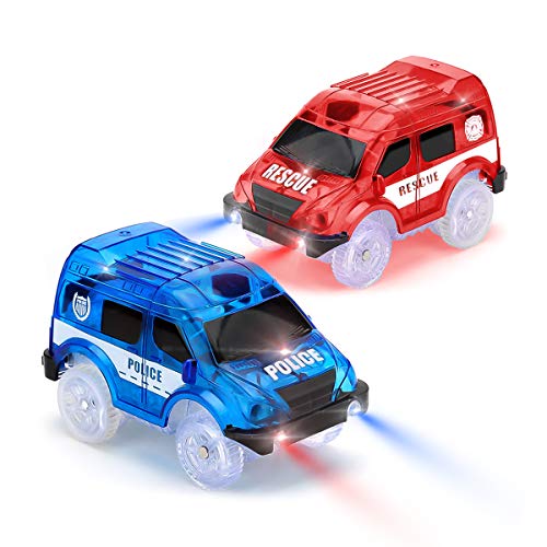 Tyhbelle Juego de 2 juguetes mágicos para niños, luces de coche de juguete, 5 luces intermitentes LED, coche de rescate rojo, coche de policía azul, compatible con la mayoría de pistas de carreras.