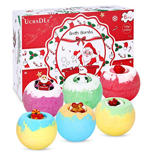 Ucradle Bombas de Baño Navidad, Bolas de Baño con Juguetes Sorpresa 6 Piezas Sales de Baño con Aceites Esenciales Bombas Baño Set de Regalo Cumpleaños Valentin para Niñas Niño Amigas Mujer