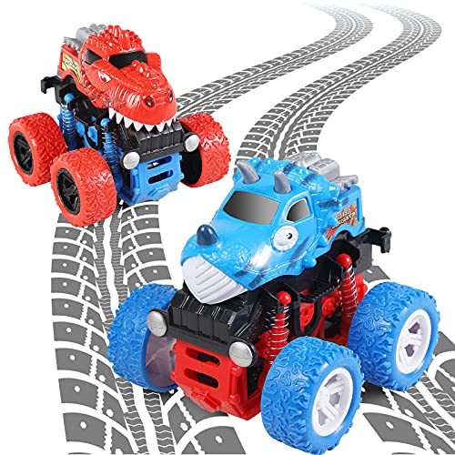 Ulikey Camión Monstruo, 2 Pezzi Vehiculo Todoterreno Juguete Niños Inercia Coche Dinosaurios Coches con Rotación de Stunt Coche Monster Truck para Niños Niñas Regalos (Rojo& Azul)