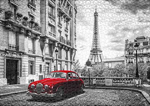 Ulmer Puzzleschmiede - Puzzle "París": Puzzle de 1000 piezas - Motivo nostálgico de París en blanco y negro con coche rojo, Torre Eiffel al fondo