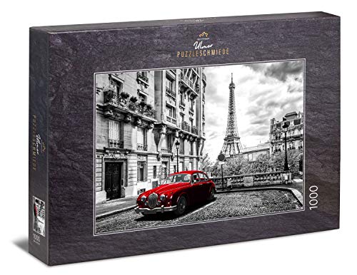 Ulmer Puzzleschmiede - Puzzle "París": Puzzle de 1000 piezas - Motivo nostálgico de París en blanco y negro con coche rojo, Torre Eiffel al fondo