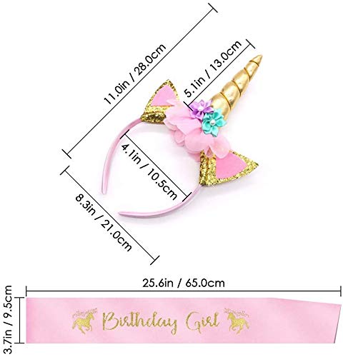 Unicornio Diadema y Cinturón cumpleaños niña rosa, Diadema de unicornio Diadema de flores de unicornio para Niñas Adultos Disfraz de Cosplay, Fiesta de Navidad, Regalos