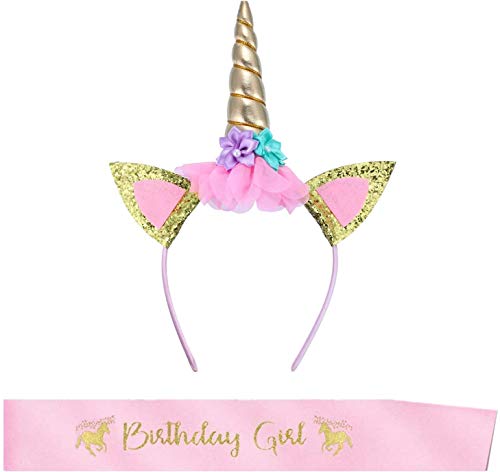 Unicornio Diadema y Cinturón cumpleaños niña rosa, Diadema de unicornio Diadema de flores de unicornio para Niñas Adultos Disfraz de Cosplay, Fiesta de Navidad, Regalos