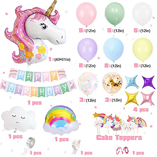 Unicornio Globos Decoración Cumpleaños Niña, Globos Fiesta Decoracion Cumpleaños Niña con Enorme Globo Unicornio 3D, Banner Feliz Cumpleaños, Globos Confeti, Adorno Torta Unicornio Para Niña, Niño