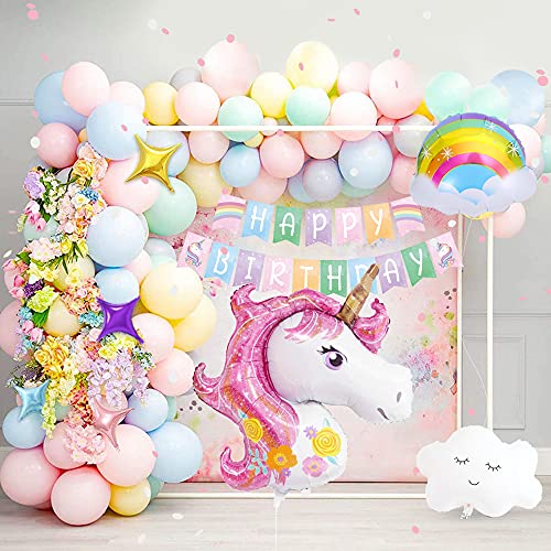 Unicornio Globos Decoración Cumpleaños Niña, Globos Fiesta Decoracion Cumpleaños Niña con Enorme Globo Unicornio 3D, Banner Feliz Cumpleaños, Globos Confeti, Adorno Torta Unicornio Para Niña, Niño