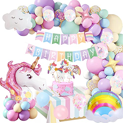 Unicornio Globos Decoración Cumpleaños Niña, Globos Fiesta Decoracion Cumpleaños Niña con Enorme Globo Unicornio 3D, Banner Feliz Cumpleaños, Globos Confeti, Adorno Torta Unicornio Para Niña, Niño