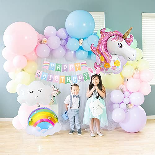 Unicornio Globos Decoración Cumpleaños Niña, Globos Fiesta Decoracion Cumpleaños Niña con Enorme Globo Unicornio 3D, Banner Feliz Cumpleaños, Globos Confeti, Adorno Torta Unicornio Para Niña, Niño