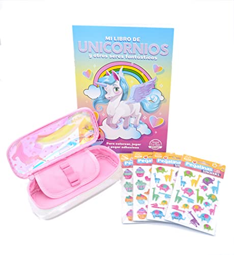 Unicornios para Niñas, Estuche Escolar Niña y Juego de Colores niños Rotuladores, Pegamento de Purpurina, Pegatinas y Libro de Pegar Pintar Unicornio, Estuche niña Grande Arcoíris. (Rosa-B)