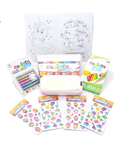 Unicornios para Niñas, Estuche Escolar Niña y Juego de Colores niños Rotuladores, Pegamento de Purpurina, Pegatinas y Libro de Pegar Pintar Unicornio, Estuche niña Grande Arcoíris. (Rosa-B)