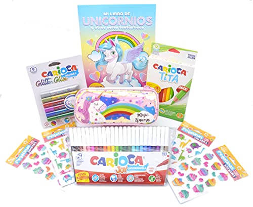 Unicornios para Niñas, Estuche Escolar Niña y Juego de Colores niños Rotuladores, Pegamento de Purpurina, Pegatinas y Libro de Pegar Pintar Unicornio, Estuche niña Grande Arcoíris. (Rosa-B)