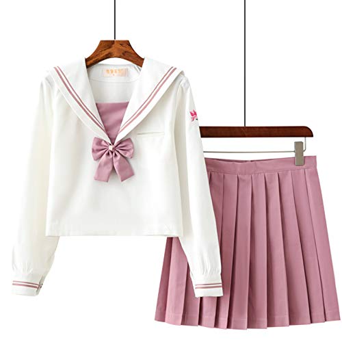 Uniforme Escolar de Japón Traje de Marinero Disfraz de Colegiala Japonesa, Traje de Cosplay de Uniforme JK para Mujeres Niñas, Top de Manga Larga + Falda (L)