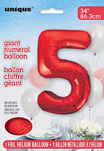 Unique Party- Globo gigante número 5, Color rojo, 86 cm (55855) , color/modelo surtido