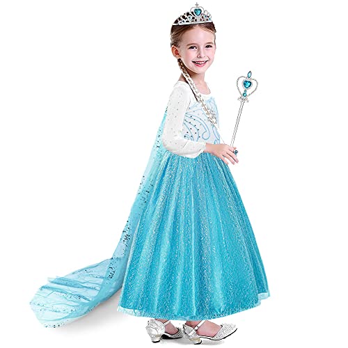 URAQT Vestido de Elsa, Disfraz de Princesa Elsa con Varita Corona Accesorios, Vestido de Cosplay de Niñas para Carnaval, Halloween y la Fiesta de Cumpleaños