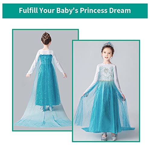 URAQT Vestido de Elsa, Disfraz de Princesa Elsa con Varita Corona Accesorios, Vestido de Cosplay de Niñas para Carnaval, Halloween y la Fiesta de Cumpleaños