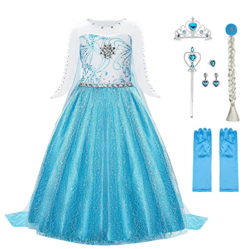 URAQT Vestido de Elsa, Disfraz de Princesa Elsa con Varita Corona Accesorios, Vestido de Cosplay de Niñas para Carnaval, Halloween y la Fiesta de Cumpleaños