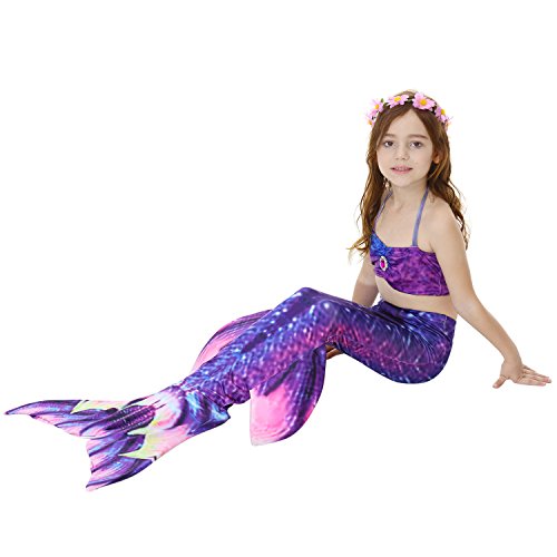 UrbanDesign Cola De Sirena Niña para Nadar con Aleta y Bikini Traje De Sirena Niña Monoaleta, 5-6 años, Sirena Morada