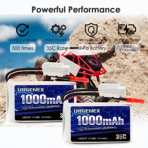 URGENEX 2S - Batería de polímero de litio (7,4 V, 1100 mAh, 35 C, recargable, compatible con enchufe Deans T, escala 1/16, sin escobillas, Q903, HBX 16889, 16890, XLH, Q903, Q901 y Q902, 2 unidades)