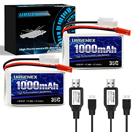 URGENEX 2S - Batería de polímero de litio (7,4 V, 1100 mAh, 35 C, recargable, compatible con enchufe Deans T, escala 1/16, sin escobillas, Q903, HBX 16889, 16890, XLH, Q903, Q901 y Q902, 2 unidades)