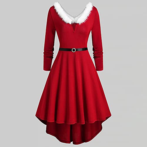 UUUUU Disfraz de Papá Noel para mujer, de felpa con cuello en V profundo, manga larga, traje de Navidad, disfraz de cosplay, mini vestidos, Rojo 1, S