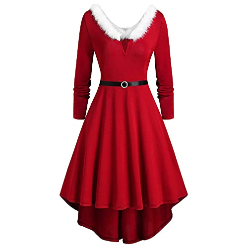 UUUUU Disfraz de Papá Noel para mujer, de felpa con cuello en V profundo, manga larga, traje de Navidad, disfraz de cosplay, mini vestidos, Rojo 1, S