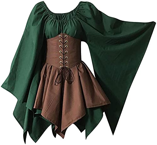 Vagbalena Vestido Tradicional irlandés para Mujer Corto Traje Medieval Vestido renacentista Elfo con corsé Vestido Victoriano de Halloween (Green,L)