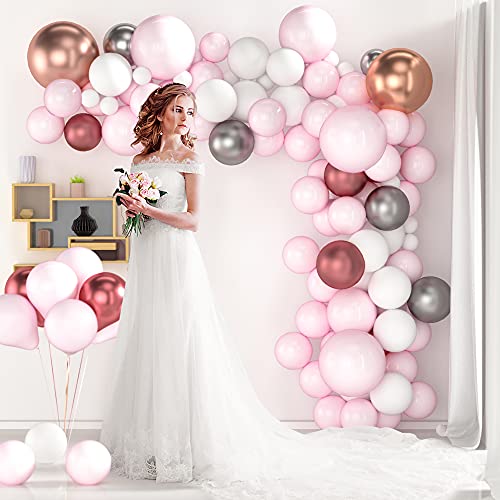 VAINECHAY Kit de Guirnalda de Globos Guirnalda de Arco de Látex Globos Confeti Blanco y Rosado Lleno Paquete de Globos para Decoración de Boda Cumpleaños Fiesta