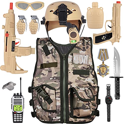 vamei 14 Piezas Disfraz de Soldado Niño Disfraz Camuflaje Militar para Niño con Chaleco Militar Telescopio Walkie de Juguete Talki Regalo para Niños Halloween Fiesta Carnaval