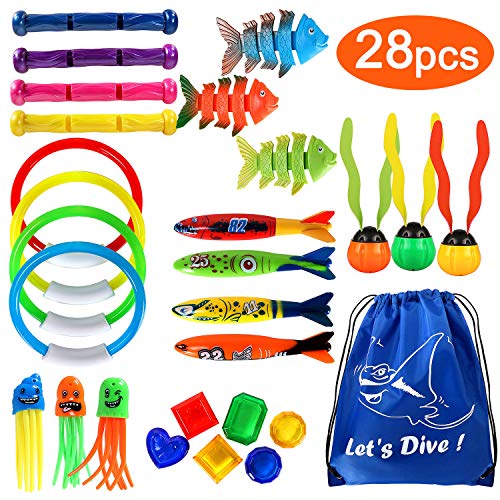 vamei 28 Piezas Juguetes de Buceo Juegos de Piscina para Niños con Anillos de Buceo Palos de Buceo Gemas Torpedos Bandidos Juguete de Natación Subacuática Verano Piscina Juguetes