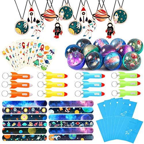 vamei 72 Piezas Articulos de Fiesta Niños Espacio Pulsera Bofetada Pulseras de Juguete Llavero Cohete Collar Espacio Tatuajes Temporales niños Galaxia Articulos de Fiesta