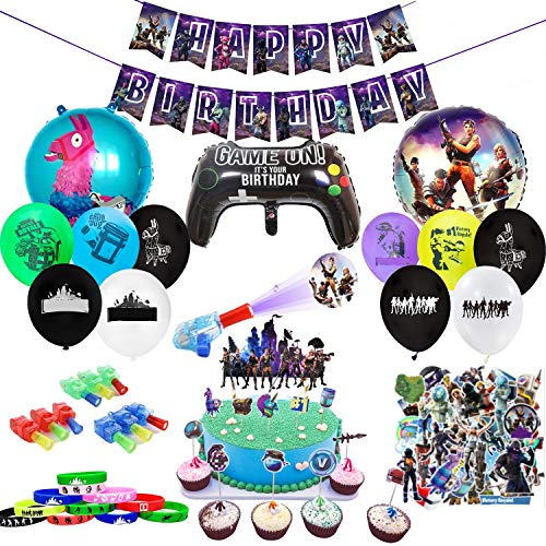 veeyiki Artículos de Fiestas para Fanáticos de los Videojuegos 123PCS Decoraciones para Cumpleaños de Tema de Videojuegos con Globos Pancartas Pulseras Luces de Dedo Pegatinas Adornos para Pasteles