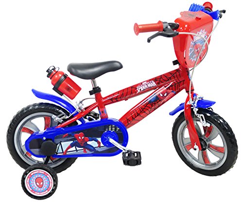 Vélo 12' Bicicleta de 12 Pulgadas niños de 2 a 4 años Equipada con 2 Frenos, bidón y portabidón, Placa Frontal Decorativa, 2 estabilizadores y Casco Spiderman Incluido, Rojo