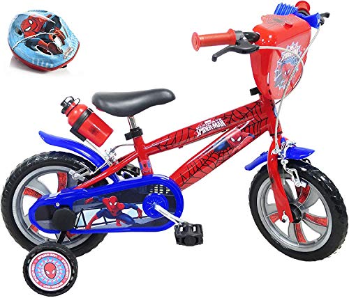 Vélo 12' Bicicleta de 12 Pulgadas niños de 2 a 4 años Equipada con 2 Frenos, bidón y portabidón, Placa Frontal Decorativa, 2 estabilizadores y Casco Spiderman Incluido, Rojo