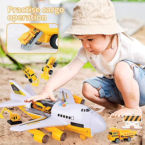 Veluoess Juego Aviones Vehículos, Transporte Cargo Avión Coche Juguete con Tapete de Juego, 6 Mini Camiones de Construcción y 11 Señales de Tráfico para Niños Mayores de 3 Años