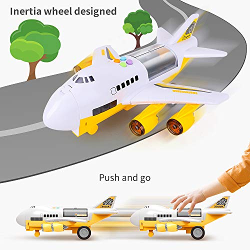 Veluoess Juego Aviones Vehículos, Transporte Cargo Avión Coche Juguete con Tapete de Juego, 6 Mini Camiones de Construcción y 11 Señales de Tráfico para Niños Mayores de 3 Años