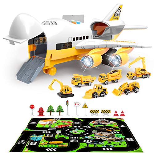 Veluoess Juego Aviones Vehículos, Transporte Cargo Avión Coche Juguete con Tapete de Juego, 6 Mini Camiones de Construcción y 11 Señales de Tráfico para Niños Mayores de 3 Años