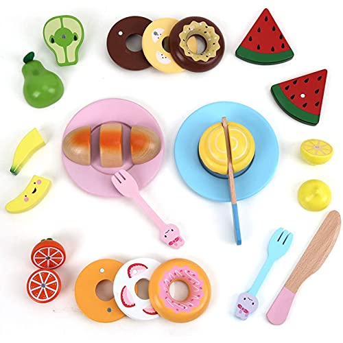 Veluoess Juguete de Cocina para Niños,Juguete Alimentos de Madera Juguete de Picnic con Accesorios para Frutas y Postres Cesta y Esterilla de Picnic,Juego de Imitación Juguetes Educativos para Niños