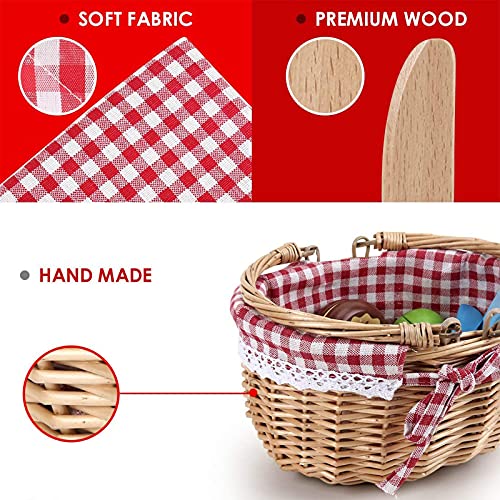 Veluoess Juguete de Cocina para Niños,Juguete Alimentos de Madera Juguete de Picnic con Accesorios para Frutas y Postres Cesta y Esterilla de Picnic,Juego de Imitación Juguetes Educativos para Niños