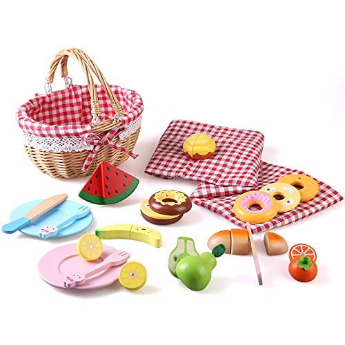 Veluoess Juguete de Cocina para Niños,Juguete Alimentos de Madera Juguete de Picnic con Accesorios para Frutas y Postres Cesta y Esterilla de Picnic,Juego de Imitación Juguetes Educativos para Niños