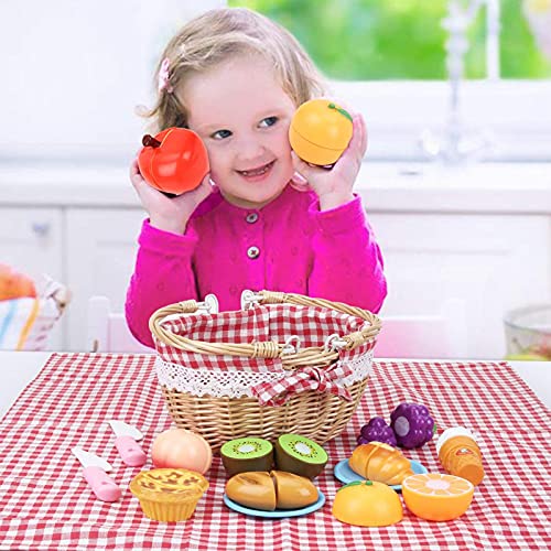 Veluoess Juguetes para Cortar Alimentos con Postre y Fruta,Juguete de Comida con Canasta de Picnic y Tapete,Juego de Picnic Juguetes de Imitación Regalos Educativos para Niños y Niñas