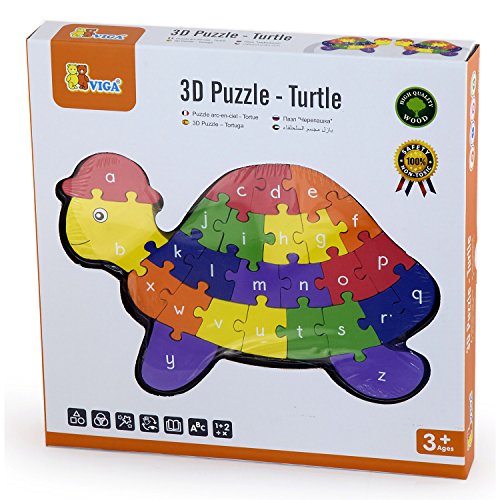 VIGA - Rompecabezas 3D con Forma de Tortuga - 2 en 1: abecedario y números - Madera