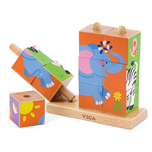 VIGA VIGA-50834 Toys 50834-Puzle de Cubo apilable (Animales Salvajes, 9 Piezas), Multicolor (50834)