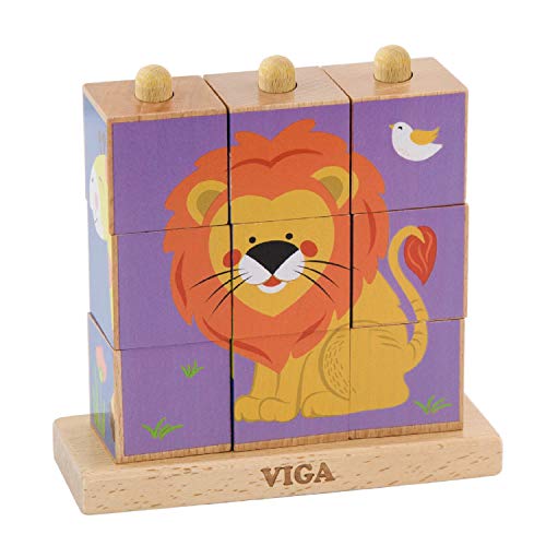 VIGA VIGA-50834 Toys 50834-Puzle de Cubo apilable (Animales Salvajes, 9 Piezas), Multicolor (50834)