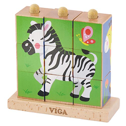 VIGA VIGA-50834 Toys 50834-Puzle de Cubo apilable (Animales Salvajes, 9 Piezas), Multicolor (50834)