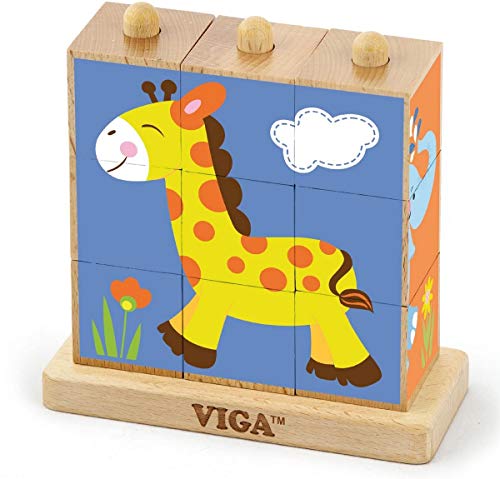 VIGA VIGA-50834 Toys 50834-Puzle de Cubo apilable (Animales Salvajes, 9 Piezas), Multicolor (50834)