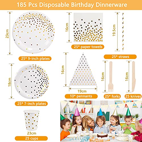 VIPNAJI Platos Cumpleaños Blanco 176 PCs Platos Vasos Servilletas Cubiertos Bandera Pajitas ​para Fiesta Boda Despedida de Soltera Aniversario Platos Navidad Blanco y Dorados(25 Invitados)