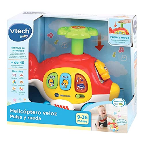 VTech-123-513922 Helicóptero Veloz Arrastre Interactivo, pulsa, Rueda, Juega, Color (3480-513922)